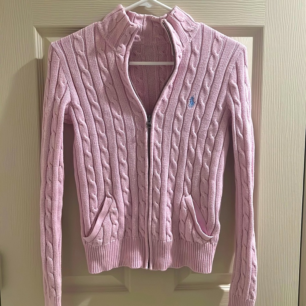 ralph lauren pink knit zip up jumper ! 💗